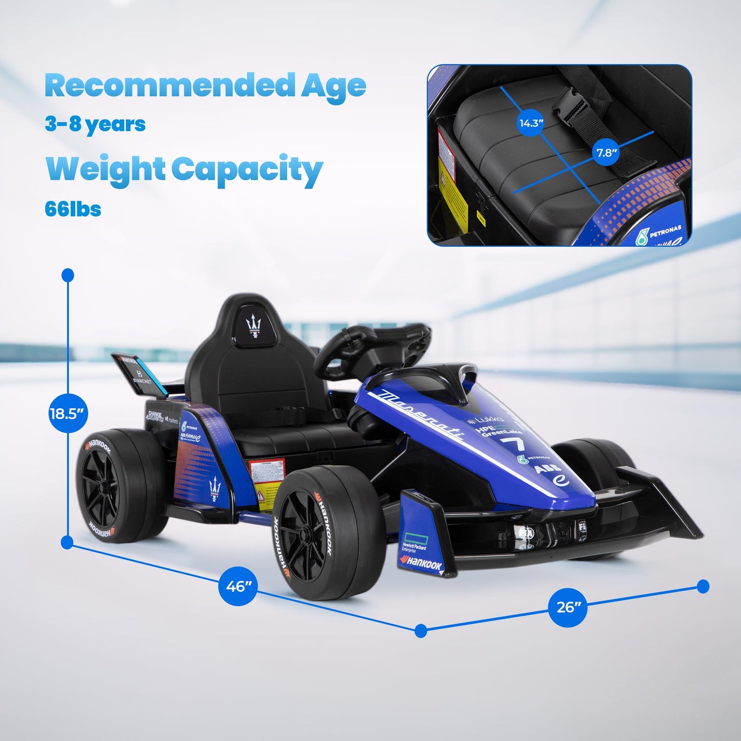 Licensed Formula E 12V Go Kart for Kids for Ages 3-8, 550W Motors Electric Kids Go Cart Ride On Car with 3-Speed Parent Remote Control,Shock-Absorbing Spring,Soft Start/Stop(Royal Blue)
