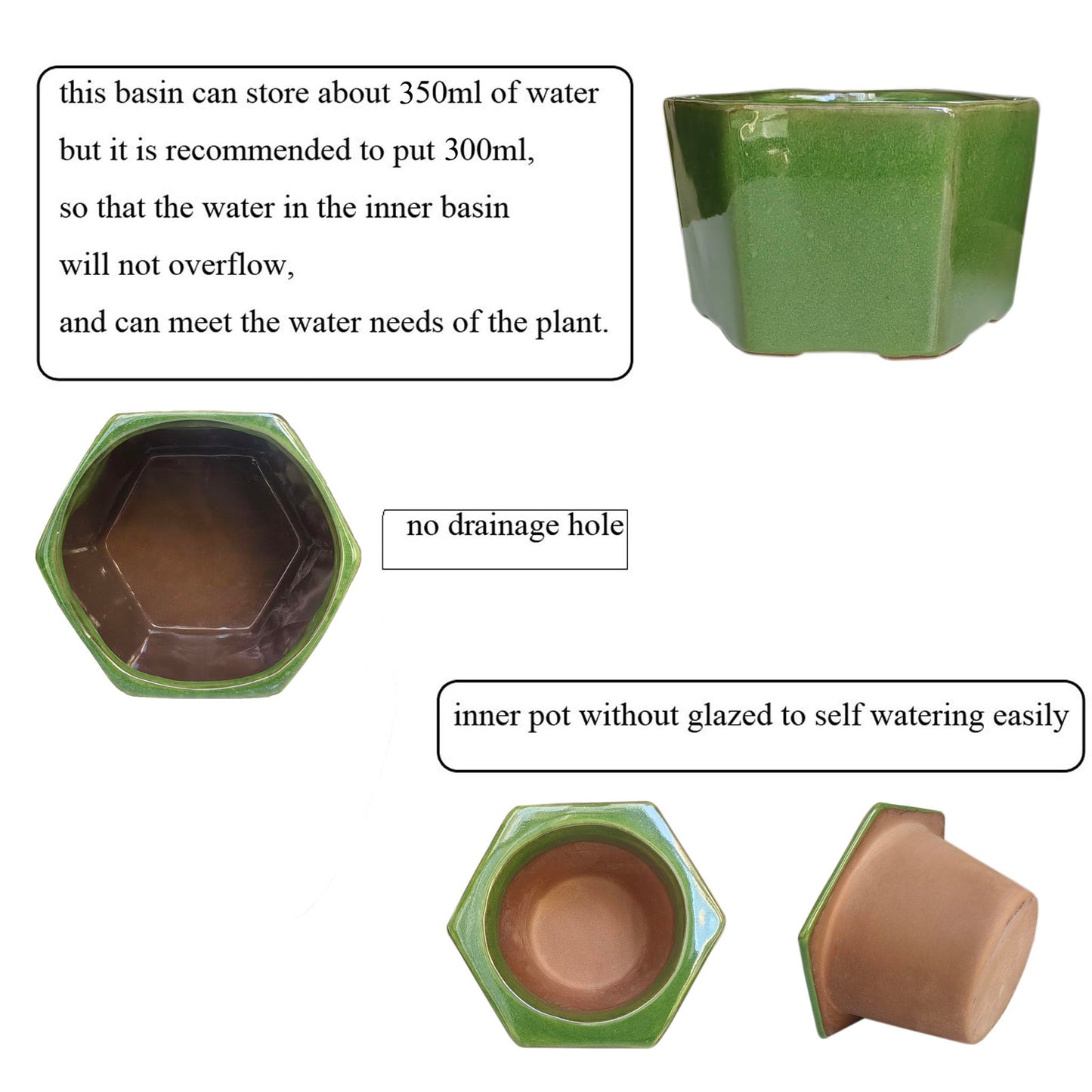 Dphagesy African Violet Pots 6 inch Hexagon Self-Watering Ceramic Pots 4.50'' Opening(Green)