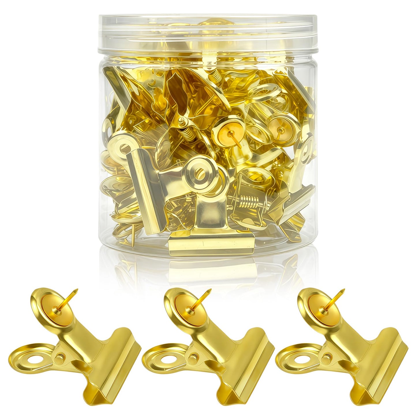 VYNFLICK Gold Push Pin Clips - 40 Pack Thumb Tacks with Metal Clips for Cork Board Bulletin Board, No Hole Paper Clips for Photos Notes Documents, Decorative Office School Supplies