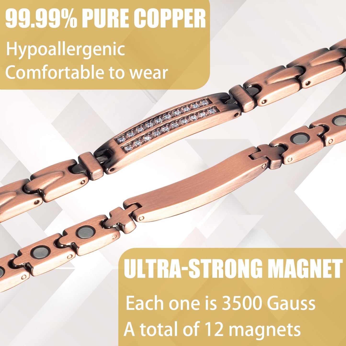 EnerCoppeX Copper Magnetic Bracelet for Women - Crystal Detox Jewelry with 3500 Gauss Magnet (B)