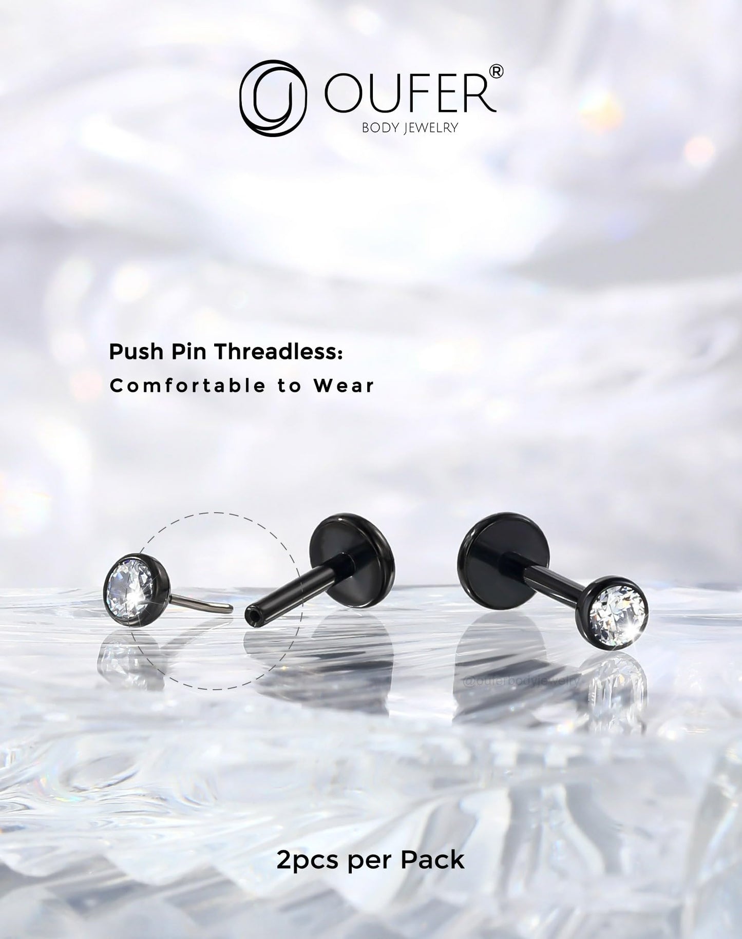 OUFER 2Pcs Nose Studs, 18G G23 Solid Titanium Threadless Nose Earrings Flat Back Tiny CZ 2MM Black Nose Helix Cartilage Piercing Jewelry for Women Men-6MM