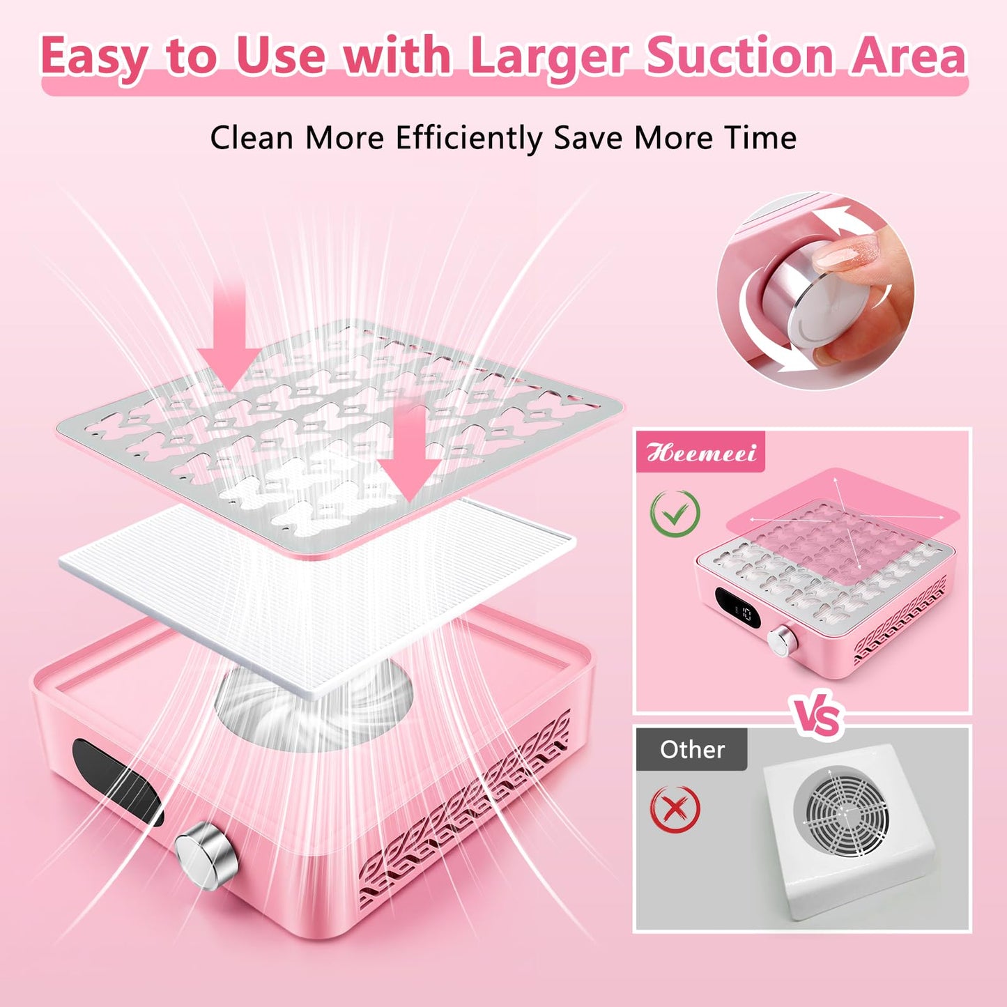 heemeei Nail Dust Collector, Powerful Dust Collector Nail Tech with 11-Gear, Professional Cordless Vacuum Nail Fan Dust Collector for Nail Tech, Nail Salon & Home (Pink)