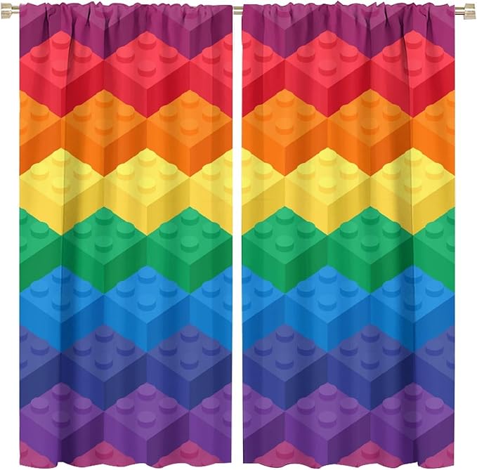 Colorful Building Blocks Cartoon Toy Printed Curtains, Bedroom, Living Room, Architecture, Curtains, Fun Brick 3D Design Curtains, Children's Living Room, Window Treatment Panels 2 Panels 63x63in