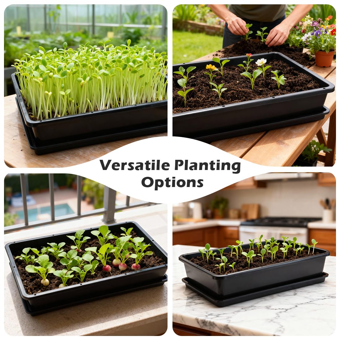 RooTrimmer 5 Pack Soil Blocking Trays(14"x12"x3"), Plastic Flat Plant Tray for Holding or Collecting Drainage Water, Elevated Microgreen Seed Starter Tray for Seed Germination (Black)