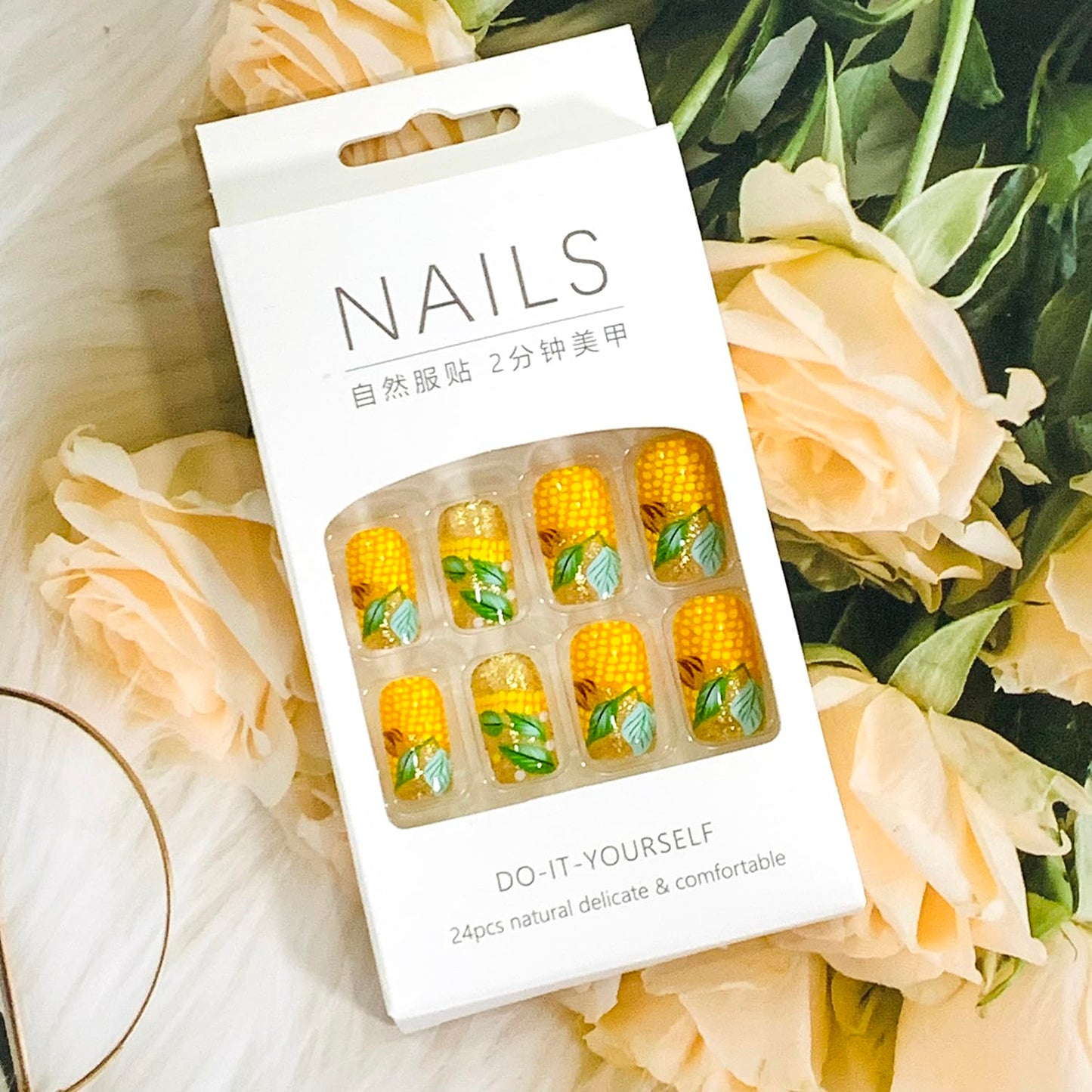 Press on Nails Medium Square Shapes 24Pcs Glossy Full Cover Artificial Glitter Fake Nails with Corn Designs Reusable Coffin Acrylic Fall False Nails Glue on Fingernails with Charm for Women