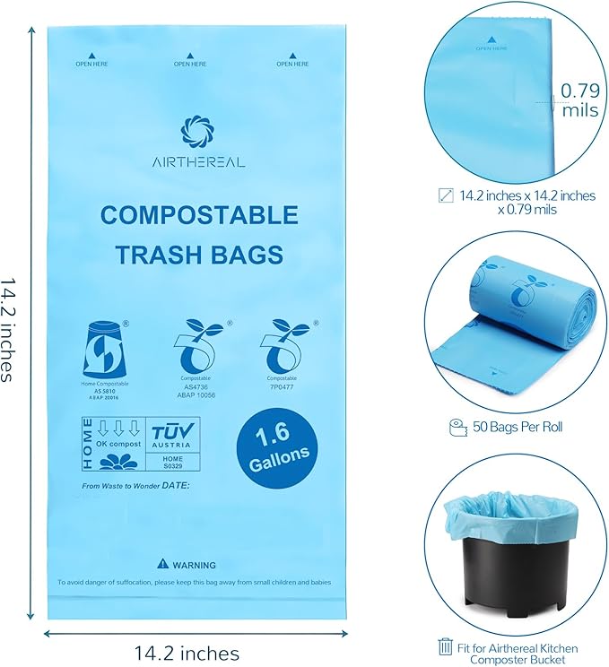 Airthereal Bundle | 2-Pack Replacement Activated Carbon Filters + 1 Electric Kitchen Composter Bucket with Lid + 3-Pack Compostable Trash Bags (1.6 Gallon, 150 Count, Blue)