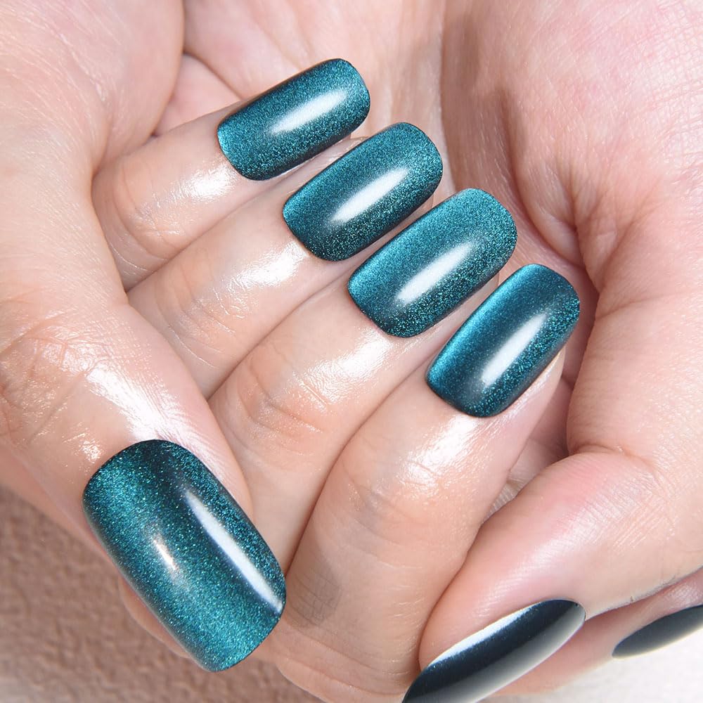 Teal Green Cat Eye Press on Nails Medium Square, Medium Square Press Stick on Nails Chrome for Women Gift, Green Holographic Glitter Glossy Reusable Soft Acrylic Fake Nail with Cateye Effect Design