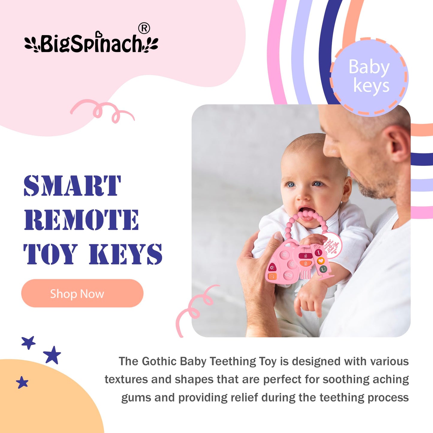 BIGSPINACH Baby Goth Teething Keys Toy 6-12M Pink Car Key Teether Combo Set