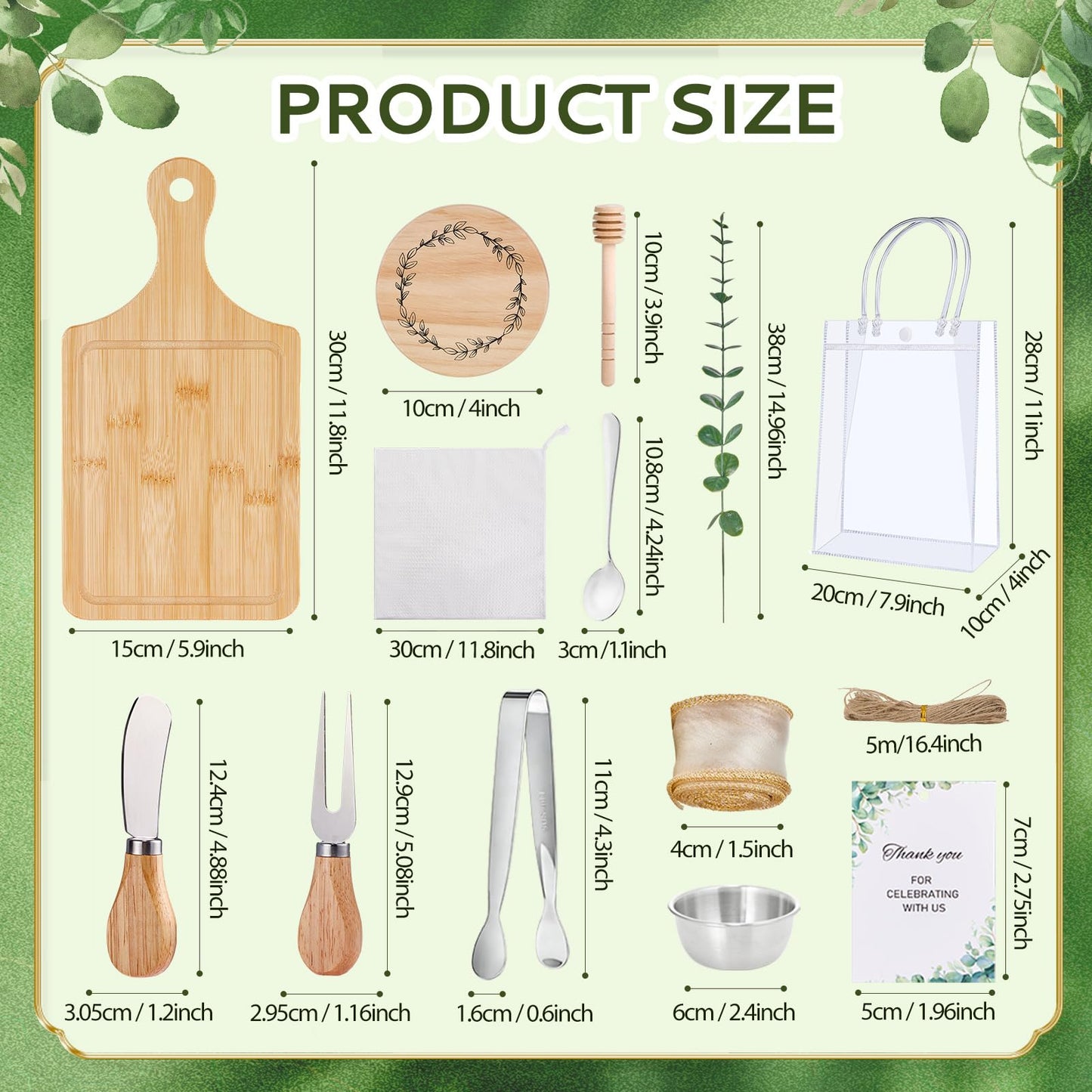 Baby Shower Prizes for Game Winners 6 Sets Cheese Board Honey Dipper Charcuterie Utensils Set Towel Thank You Card and Gift Bags for Baby Shower Wedding Bridal Shower Favors (6 Set-Bamboo, Silver)
