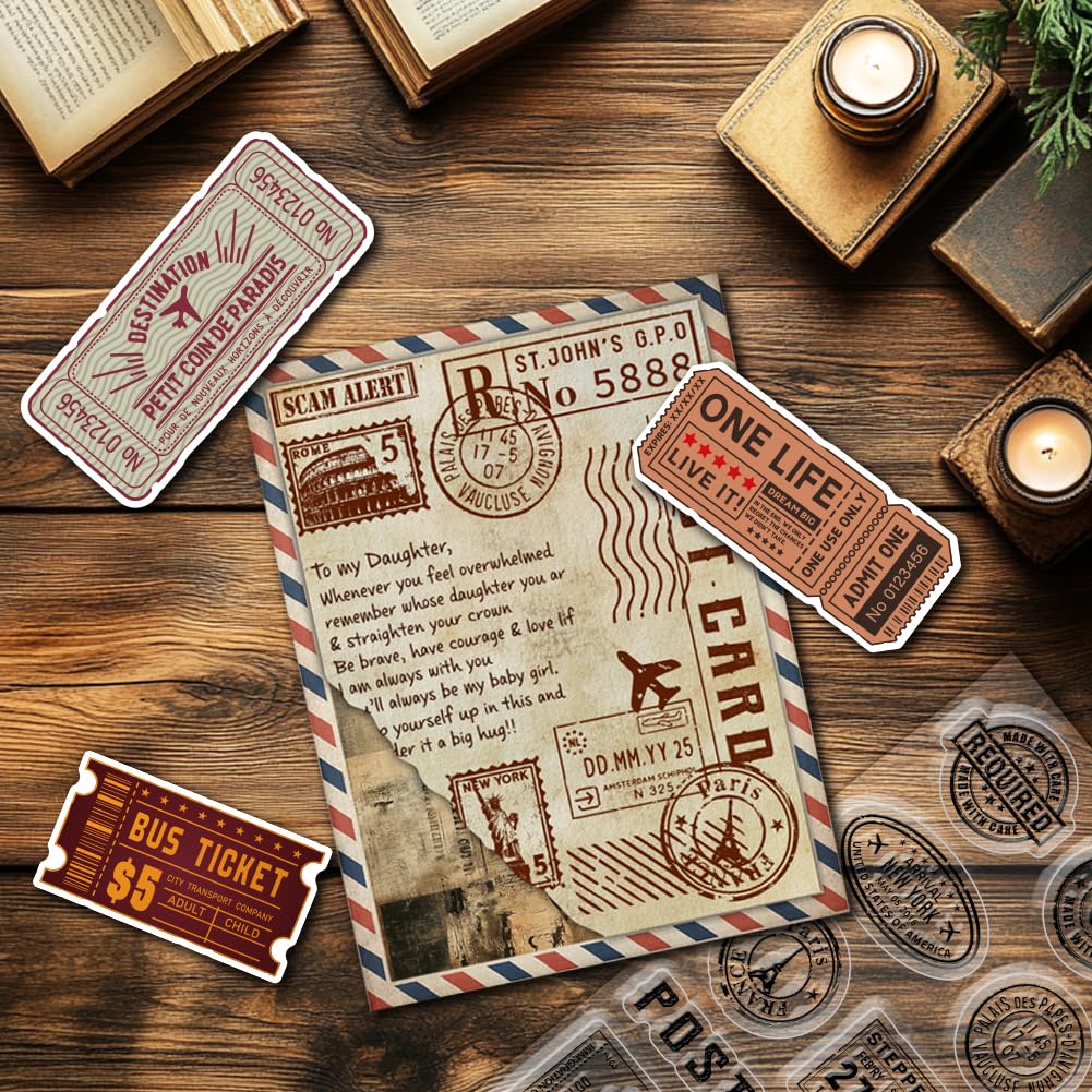 ACRNIGHEET 48Pcs Vintage Clear Stamps and Dies for Card Making Postcards Postmarks Labels Rubber Clear Stamps Retro Template for Album Paper Scrapbooking Photo Journal DIY Crafting