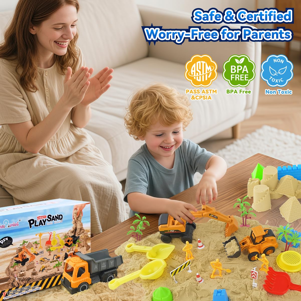 Sensory Beach Toys for Toddlers - 44PCS Sand Construction Kit with 8 Trucks, Foldable Sandbox, 2.7lbs Magic Sand, Crane, Signs, Molds, Shovel – Outoor Toys for Boys & Girls Ages 3+