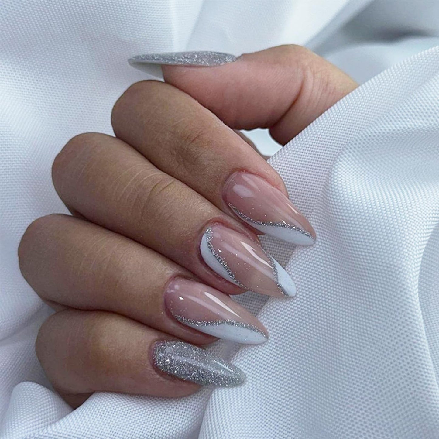IMSOHOT Almond Press on Nails Glitter French Tips Fake Nails Silver Shiny Glossy Glue on Nails Full Cover Stiletto Acrylic False Nails for Women 24pcs