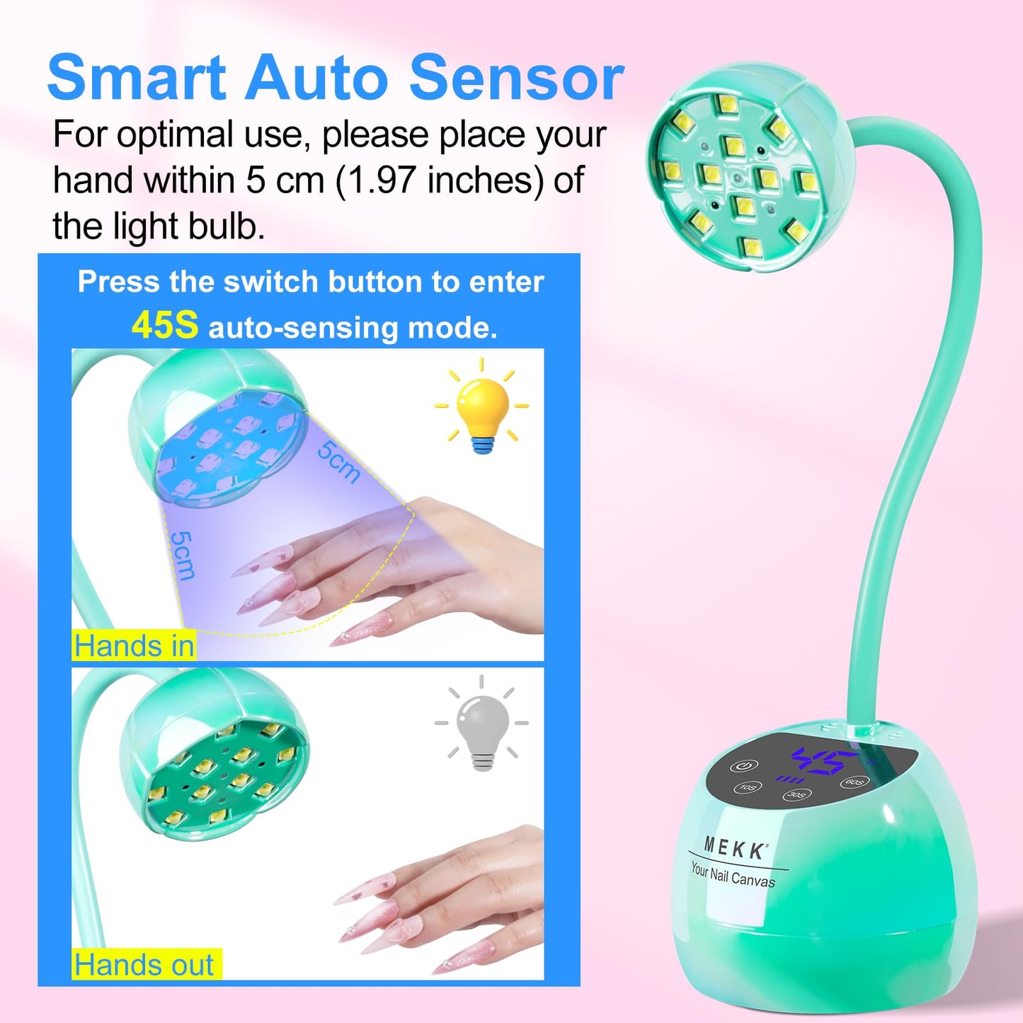 MEKK Gooseneck UV LED Nail Lamp - 36W Cordless Mini UV Light for Gel Nails for Home & Travel, Single Nails Light for Detail Work, Flash Cure Lamp with Auto Sensor, 4 Timers (Glazed Blue)