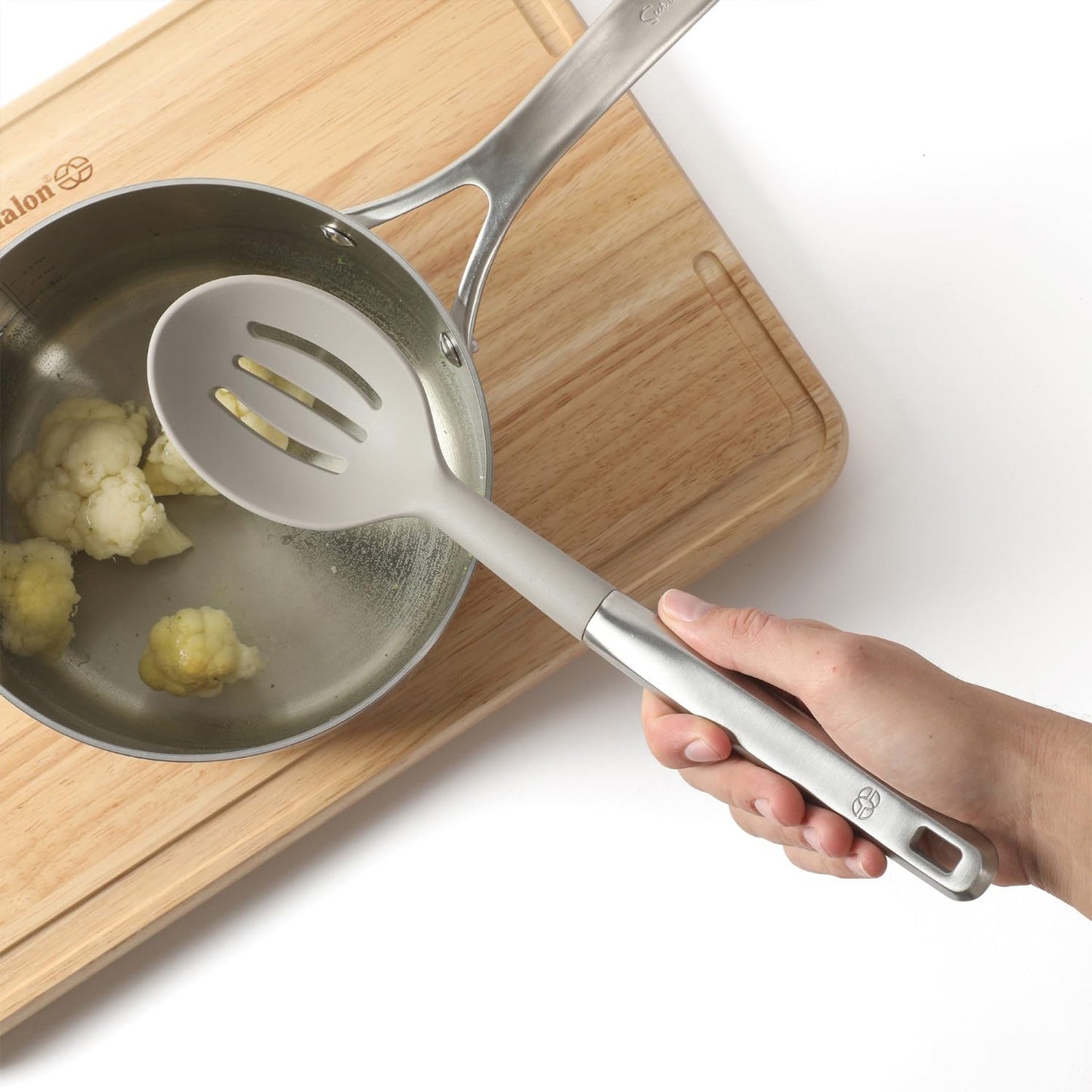 Calphalon Prime Stainless Steel Slotted Kitchen Spoon/Skimmer W/Taupe Silicone Head