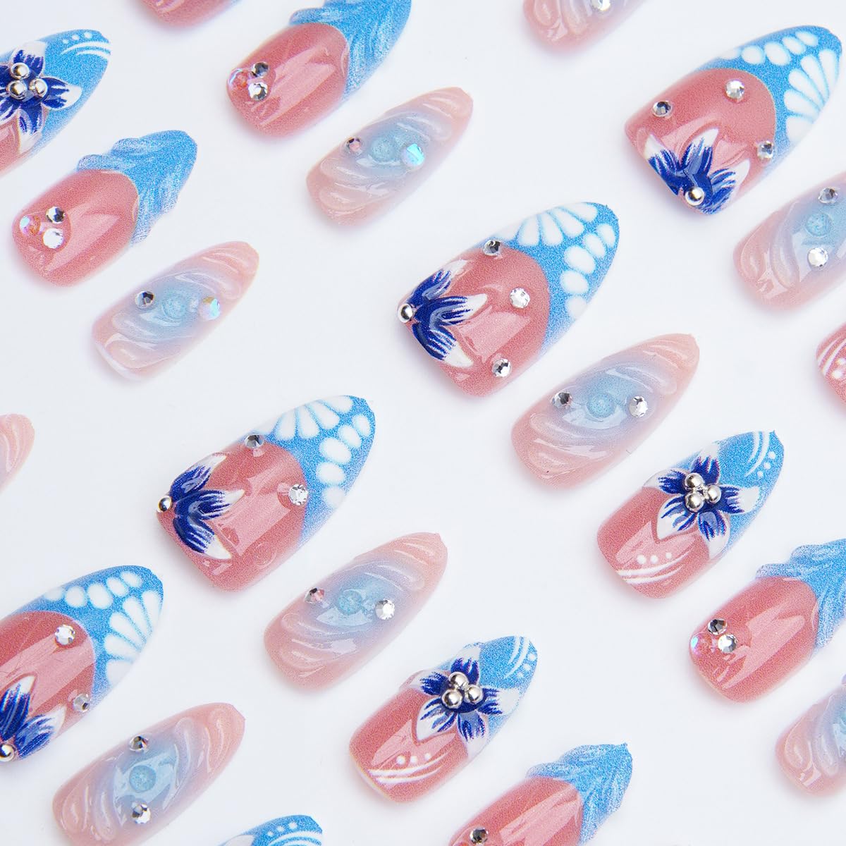 30Pcs Blue Flower Press on Nails Medium Almond Fake Nails with Sliver Beads Rhinestone Design Summer Glue on Nails Glossy Full Cover Handmade False Nails Reusable French Tip Acrylic Nails for Women