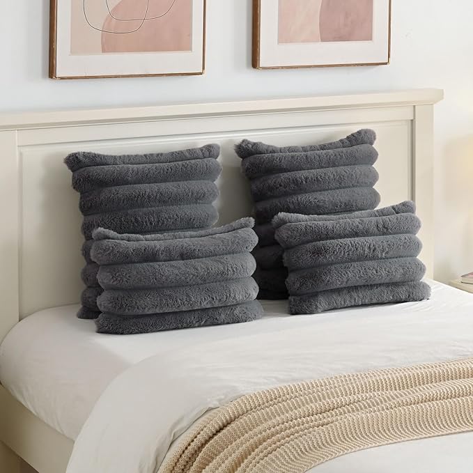 FUTEI Dark Grey Decorative Throw Pillow Covers 16x16 Inch Set of 2, Square Soft Faux Rabbit Fur Big Striped Cushion Cover,Home Decor for Couch Sofa Bed Living Room
