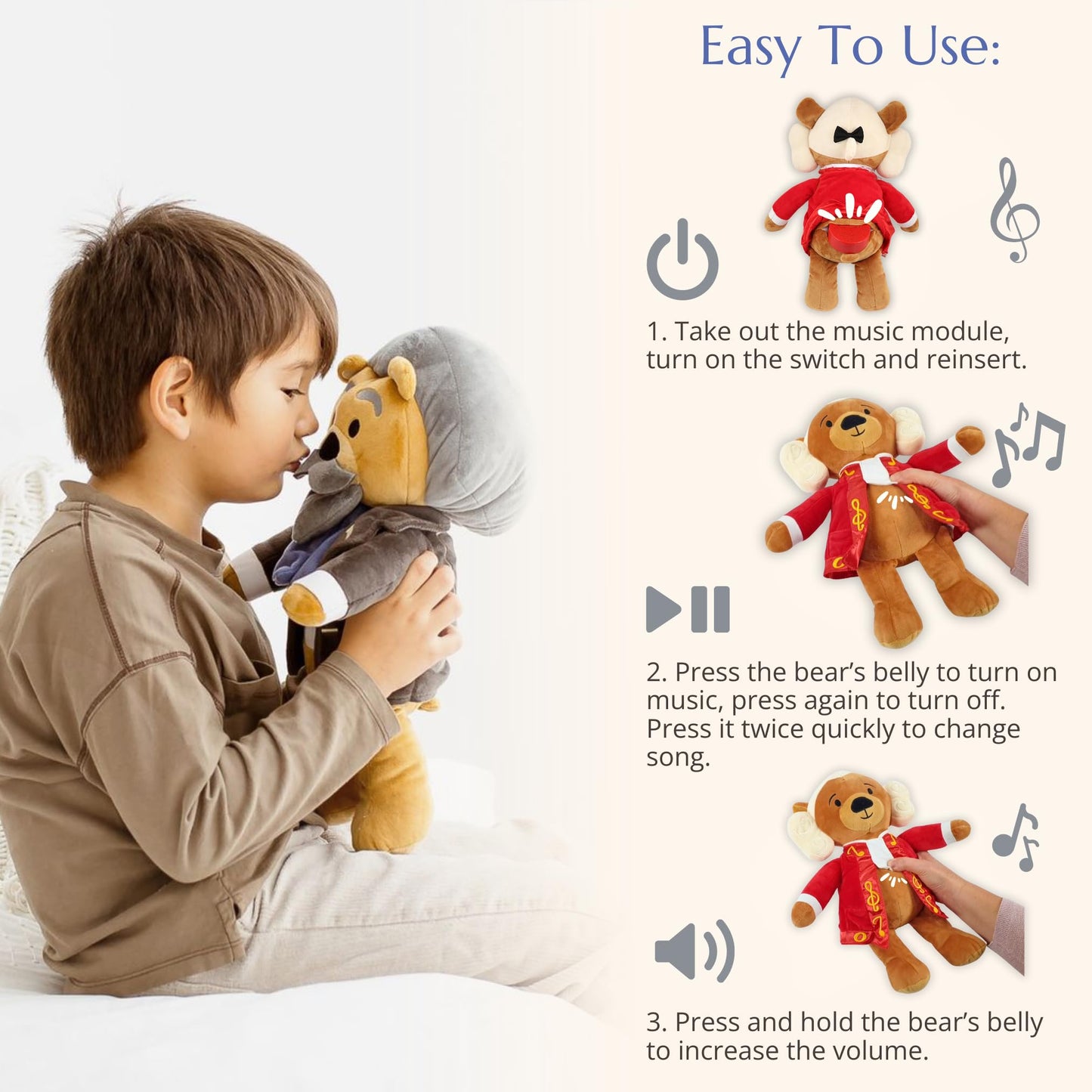 Brahms Virtuoso Bear – Dual-Mode Plush Toy with Music & Comfort Features, Plays 40 Mins of Classical Music & White Noise to Calm and Soothe Babies