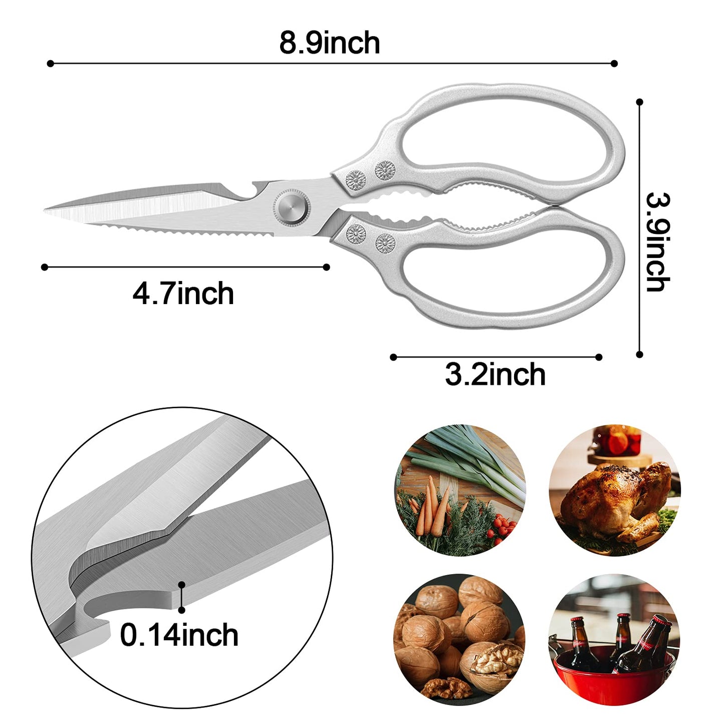 CGBE Kitchen Scissors, Multi-Purpose Kitchen Shears, Heavy Duty Dishwasher Safe Food Scissors for Chicken, Poultry, Fish, Meat & Herbs with Non-Slip Grips - Sliver