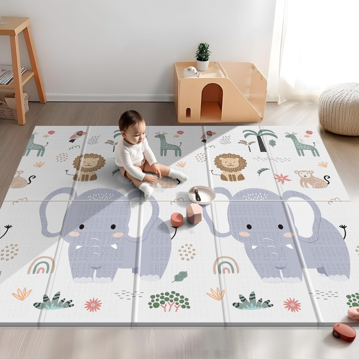 NOONKTY 79x71 Extra Large Baby Play Mat for Floor, Foldable Foam Playmat for Babies 0-12 Months & Kids, Non-Toxic Waterproof Baby Mat for Floor, Thick Playpen Mat for Tummy Time Crawling, Elephant+Mon