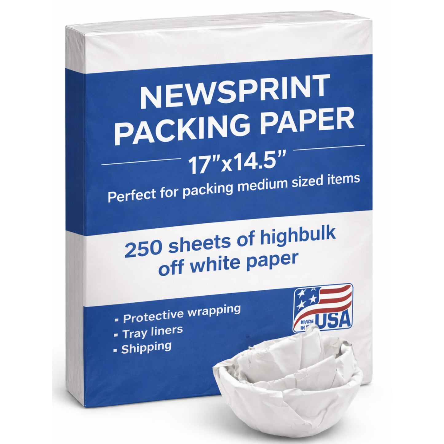 Newsprint Packing Paper Sheets for Moving – 250 newspaper-style sheets ideal for wrapping and protecting fragile items, filling boxes, and general shipping needs – 17" x 14.5" – Made in the USA