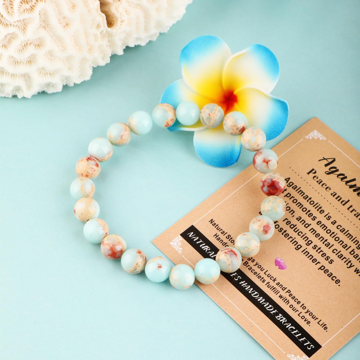 AD Beads 8mm Handmade Agalmatolite Elastic Bracelet – Natural Gemstone for Peace and Tranquility – Meditation, Yoga, Healing and Energy Gift for Men Women
