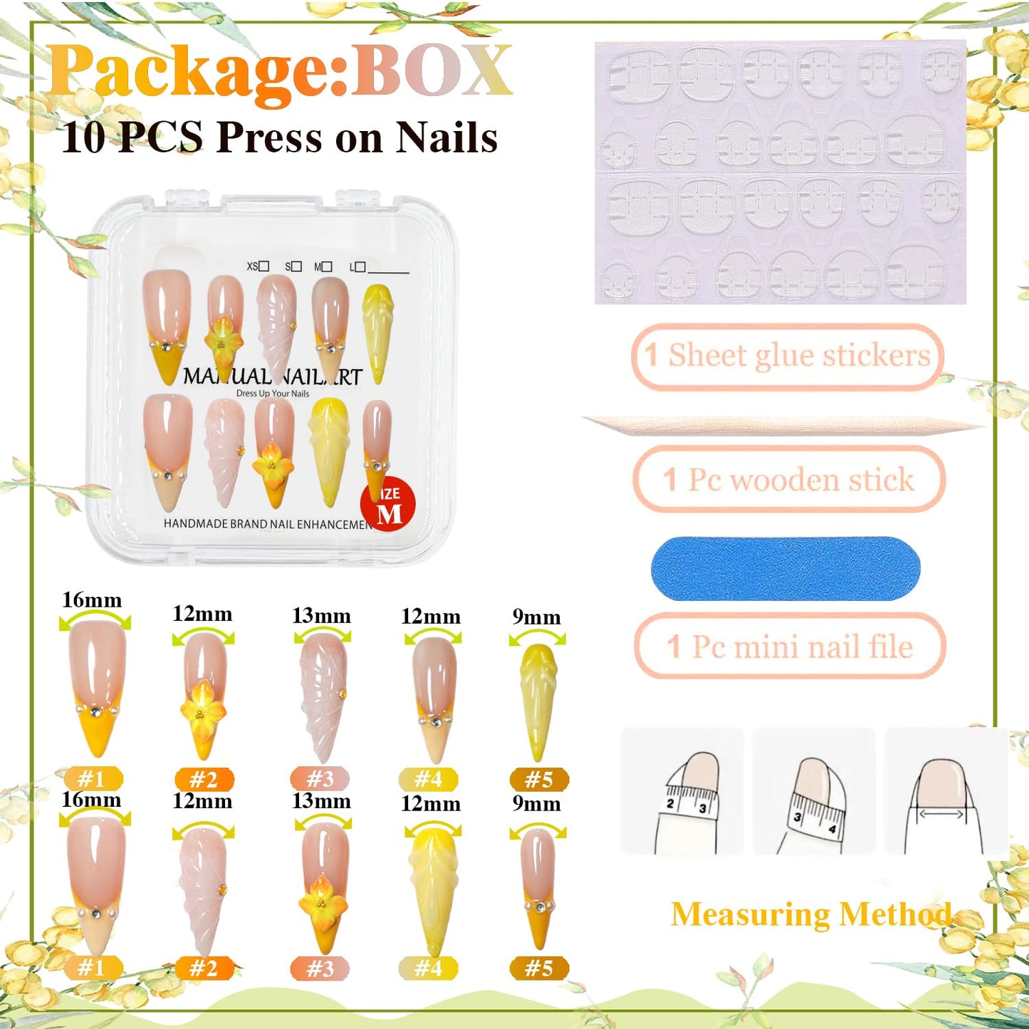 GREENTEA Handmade Press-On Nails, Yellow French Tips with Floral Design, Nude Base, Stiletto Shape, Size-M