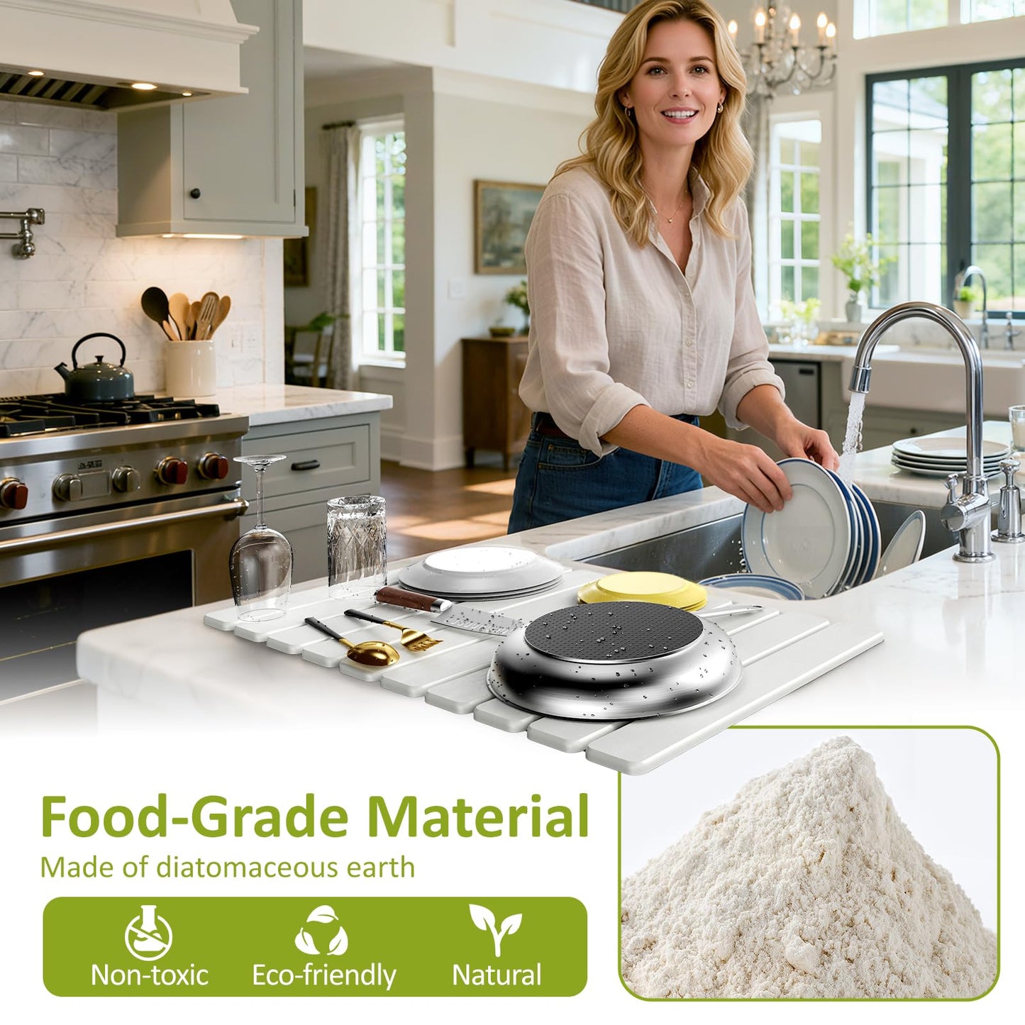 Large Stone Dish Drying Mat for Kitchen Counter, 24"(L)×16"(W), Collapsible Quick Dry Stone Dish Mats, Super Absorbent Diatomaceous Earth Drying Pad for Dishes Bottles Cups, Any Countertop (White)