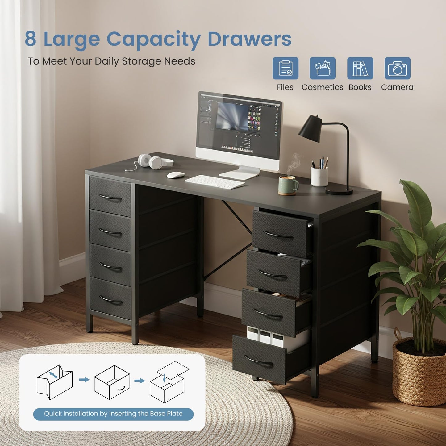 DUMOS 47 Inch Computer Desk with 8 Fabric Drawers, Office Gaming Desk with Storage, Writing Study Table with X-Shaped Reinforced Structure, Black