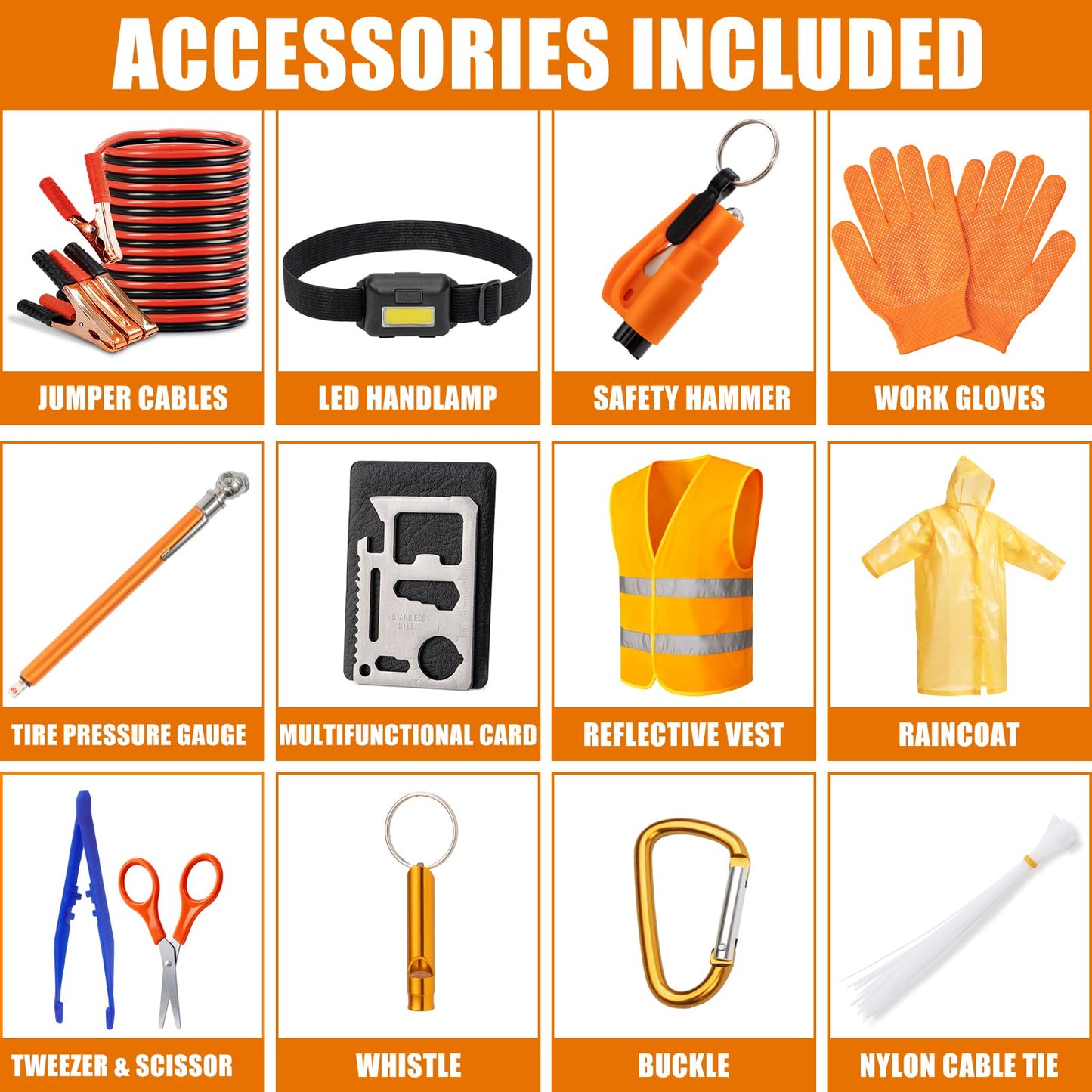 AUTODECO Car Roadside Emergency Kit, Car Safety Kit Portable Car Kits for Emergency with Jumper Cable, Safety Hammer, Orange