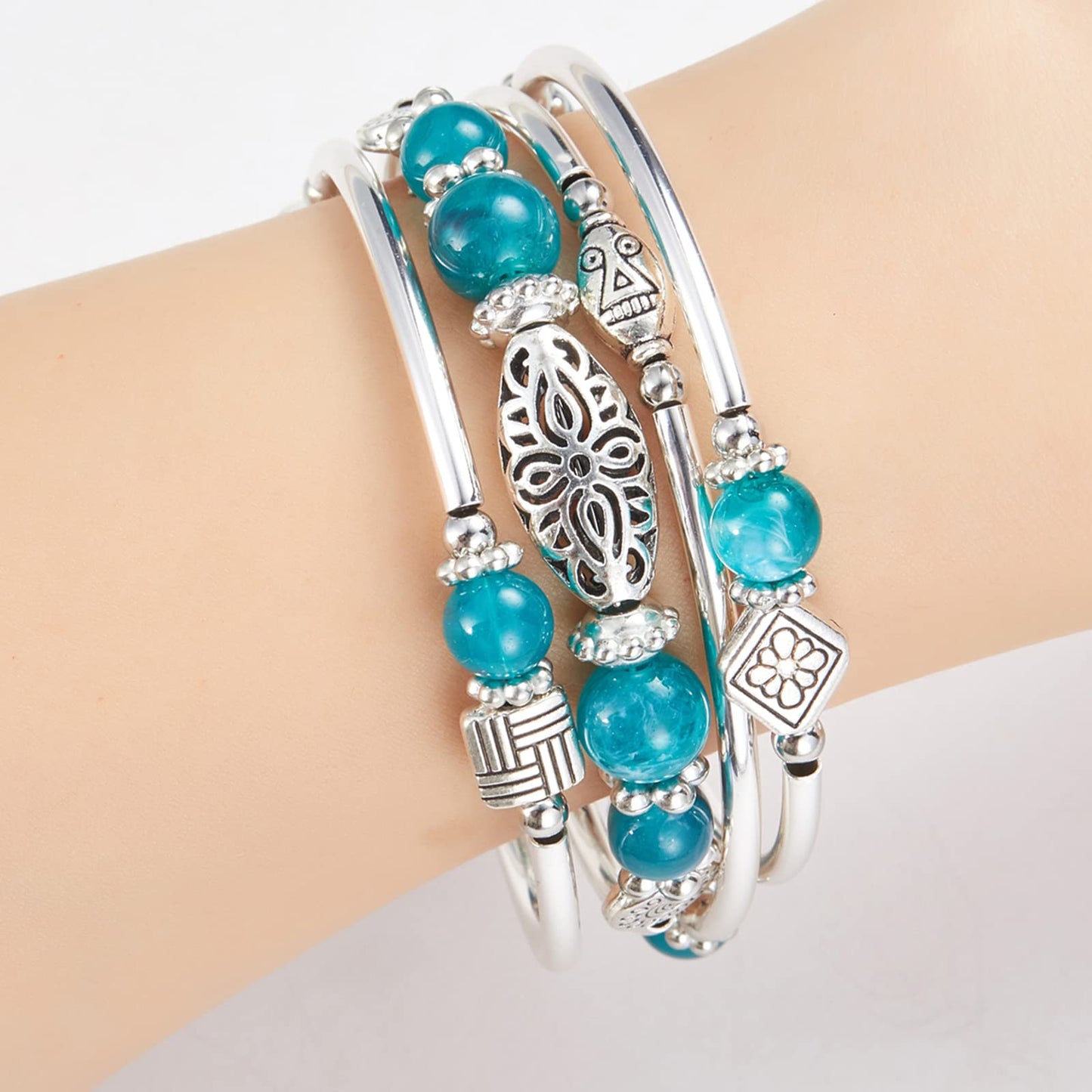 BULINLIN Layered Wrap Bangle Turquoise Bracelet - Bead Bracelet with Natural Agate Stone, Gifts For Women (03-Sea green)