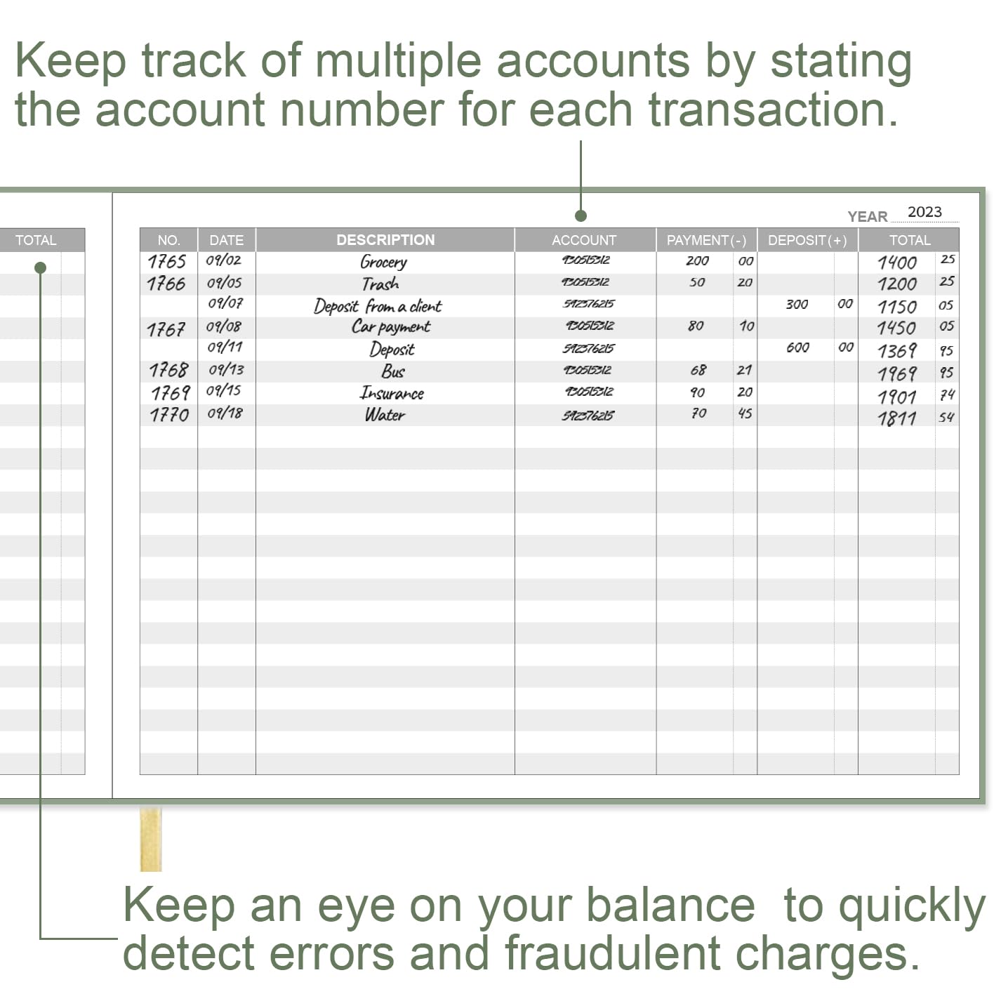 Accounting Ledger Book - Ledger Book for Small Businesses Bookkeeping & Personal Use, Expense Tracker Notebook for Tracking Money, Expenses, Deposits & Balance, 7" x 10", Green