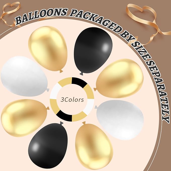 412Pcs Black and Gold Balloons,18 12 10 5 Inch Different Size Black White Metallic Gold Latex Balloons for Graduation Birthday Wedding Party Decorations