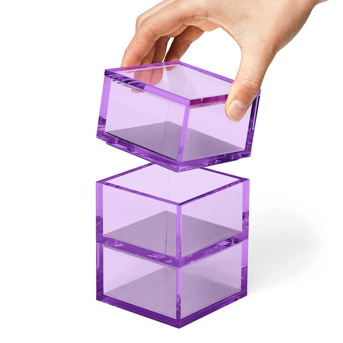 OfficeGoods 3-Tier Stackable Acrylic Holder- Stylish Desk Organizer and Storage for Office or Home – Transparent Square Design, Purple with Silver Metal Base