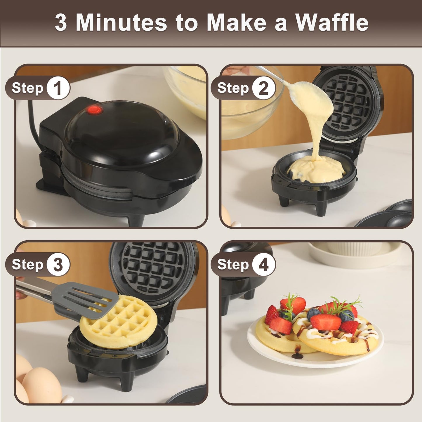 UVFAST Mini Waffles Maker with 6 Removable Plates, 3 in 1 Small Waffle Maker Mini- Waffle, Heart Waffle, Donut, 4.5" Non Stick Waffle Iron for Kids and Families, Black
