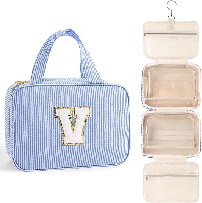 TOPEAST Travel Toiletry Bag for Women - Hanging Toiletry Bag Makeup Bag, Portable Toiletries Cosmetic Bag, Airplane Travel Essentials - Letter V, Blue
