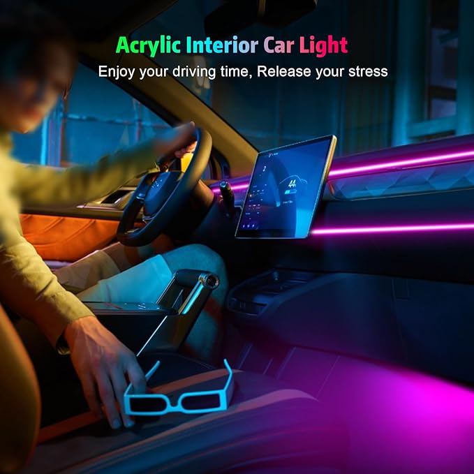 Acrylic Interior Car Lights, AMKI Car LED Strip Light with APP Sub Control, Car Accessories Fiber Optic Car Ambient Lighting Kit with RGB 22 in 1 and 175 inches 593 LEDs 213 DIY and Music Modes DV 12V
