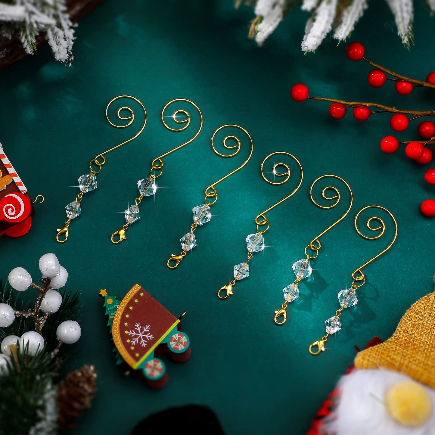 Bucherry 60 Pcs Ornament Hangers Tree Ornament Hooks Decorative Clear Acrylic Wire S Hook with Lobster Claws Hanging Metal Wire Crystal Jeweled Swirl for Crafts Xmas Decoration (Gold)