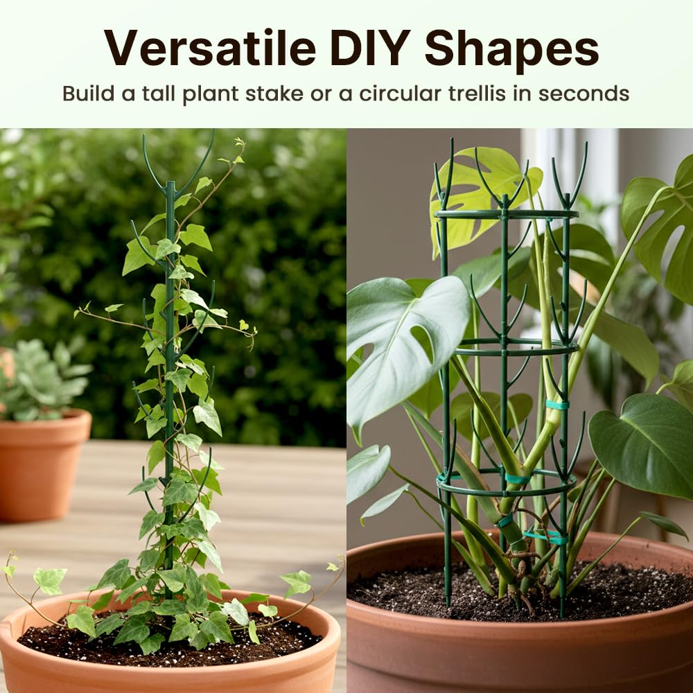 Plant Support Stakes, 6 Pack Plant Stakes for Indoor Plants, Stackable 2 Tier Durable Trellis Garden Poles for Outdoor Gardening, Plant Support Structures for Monstera Climbing Plants (Green-6Pack)