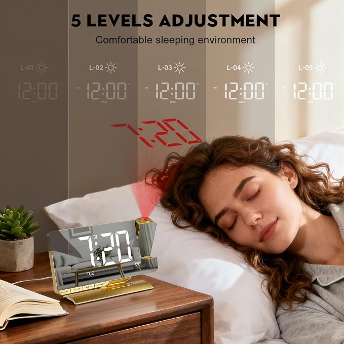 SZELAM Alarm Clock Bedside with Projection Digital Clock,7.3" Mirror Clock with 180°Rotating Projector,Dual Alarm with 3 Mode,Brightnee Adjust,DST,Snooze,Charging Port,5 Levels Volume for Desk Teens