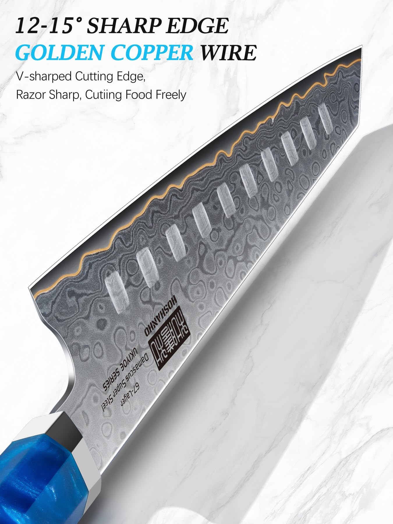 HOSHANHO Damascus Santoku Knife 7 Inch, 67-Layer Damascus Steel Chef Knife, Ultra Sharp Professional Kitchen Knives with Ergonomic Blue Resin Stabilized Wood Handle and Wood Gift Box