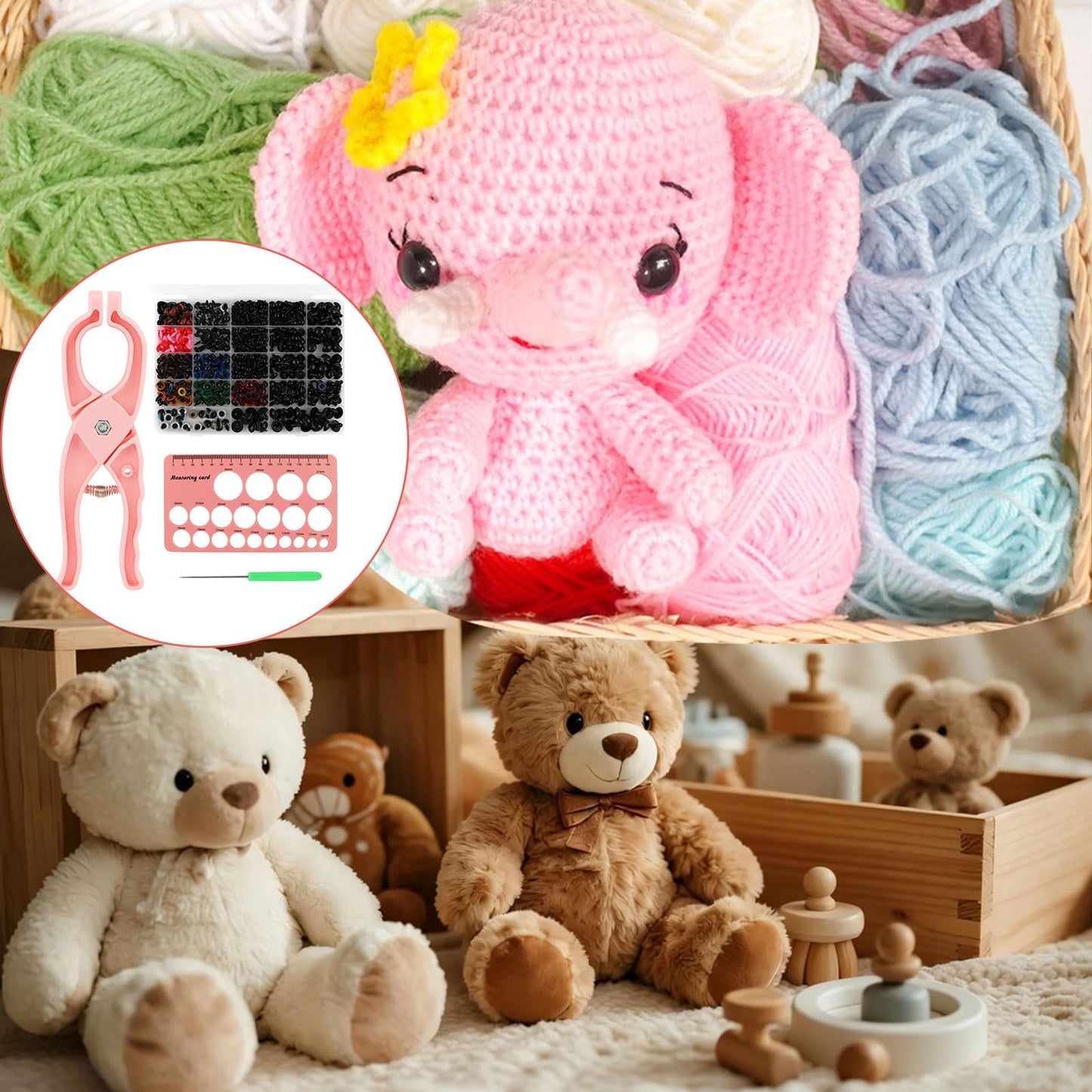Safety Eye Tool Set with 10–30mm Sizer, Ergonomic Non-Slip Handle, 1150pcs Safety Eyes and Noses Kit for Crochet Amigurumi Dolls and Stuffed Animals, Includes Measuring Ruler and Installing Tool