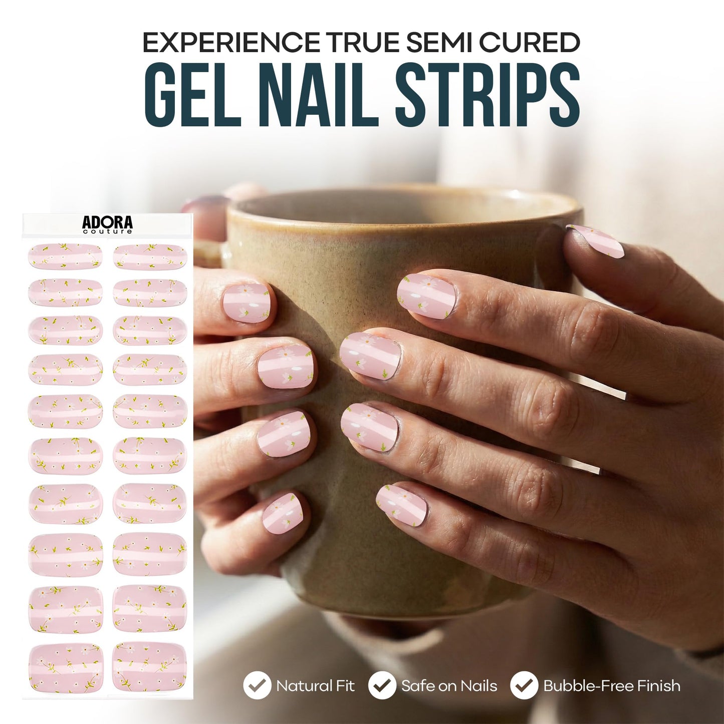 Adora Couture Semi Cured Gel Nail Strips with 20 Pieces - UV Gel Stickers, Manicure Kit, Easy Application Wraps Includes Prep Pads, Nail File, Wooden Stick - UV Light Required (Soft Meadow)
