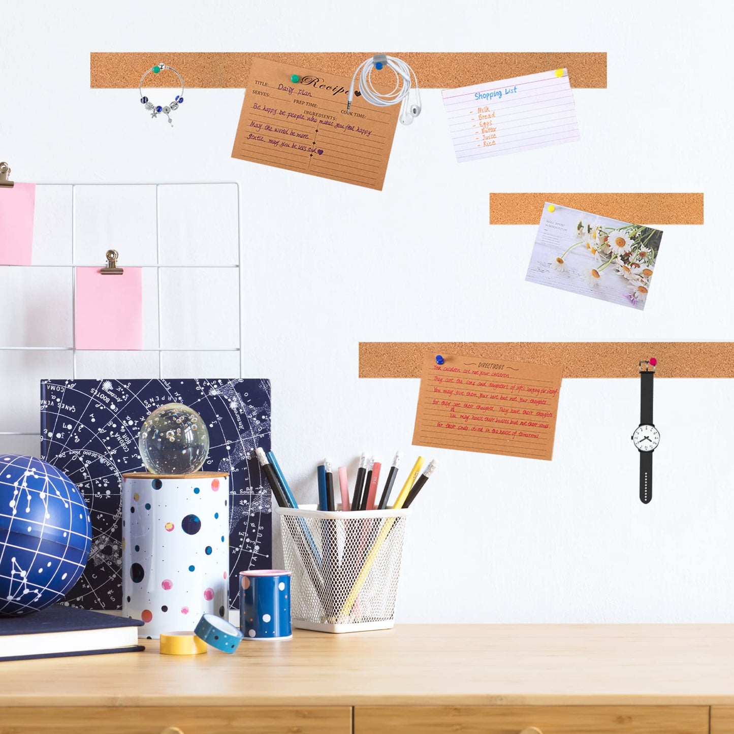 Nuanchu 158 x 1.6 Inch Cork Strips Bulletin Bar Strips Frameless Cork Board with 1 Roll Double Side Tape 100 Push Pins for Classroom Walls School Home Office Notes Photos Decorations(Brown)