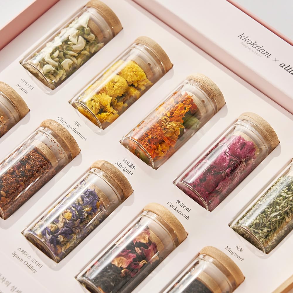 KKOKDAM Premium 10-Tea Sampler Gift Set with Wooden Tweezers – 5 Blooming Flower & 5 Blended Loose Leaf Teas – Unique Korean Gift Box for Women, Mom & Tea Lovers – 1.68oz Variety Pack