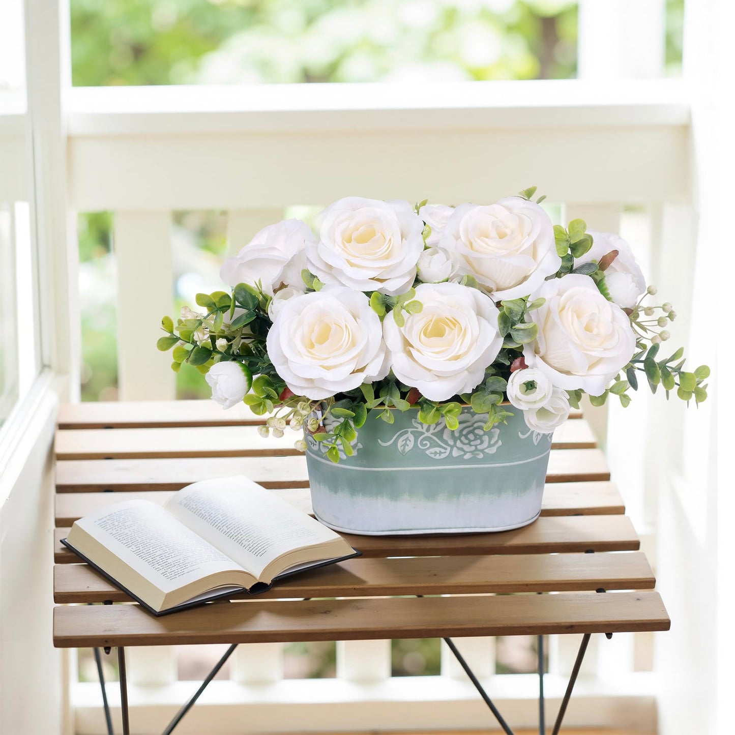 Artificial Rose Flower Arrangement for Table Centerpiece, Farmhouse White Silk Flowers with Eucalyptus in Rustic Galvanized Metal Po Faux Floral Centerpiece for Dining Table, Home, Office Décor