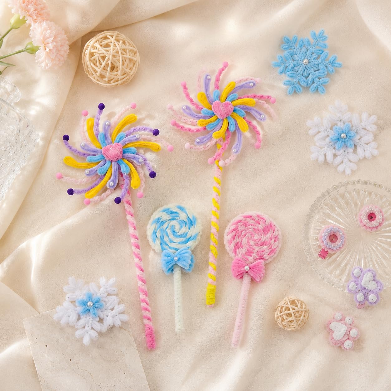 LENYNAL 500 Pcs Pink Pipe Cleaner Flower Kit, Pastel Pipe Cleaners Craft Bulk, Glue-Free & Safe for Kids, Step-by-Step Tutorial, 5 Colors Chenille Stems for Flower Making