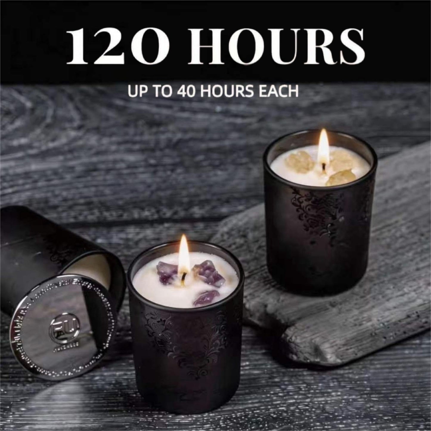 Luxury Black Crystal Candle Gift Set for Men 3 Pack 7oz Soy & Beeswax Candles with Real Natural Crystals, Zinc Alloy Lids & Wick Trimmer, 120H Burn Time, Masculine Woodsy Home Fragrance