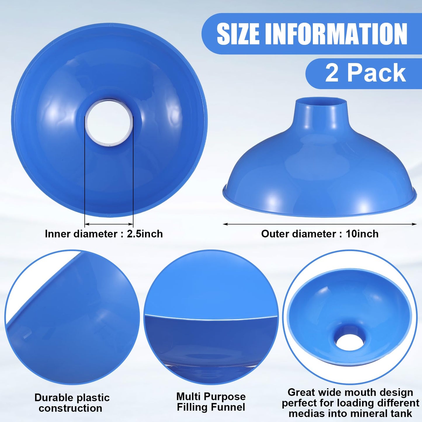 Vesici 2 Pack Extra Large Wide Mouth Funnel 2.5" x 10" Multi Purpose Filling Funnel Plastic Reusable for Water Softener Resin Tanks Carbon Media Jar Filling Use (Blue)