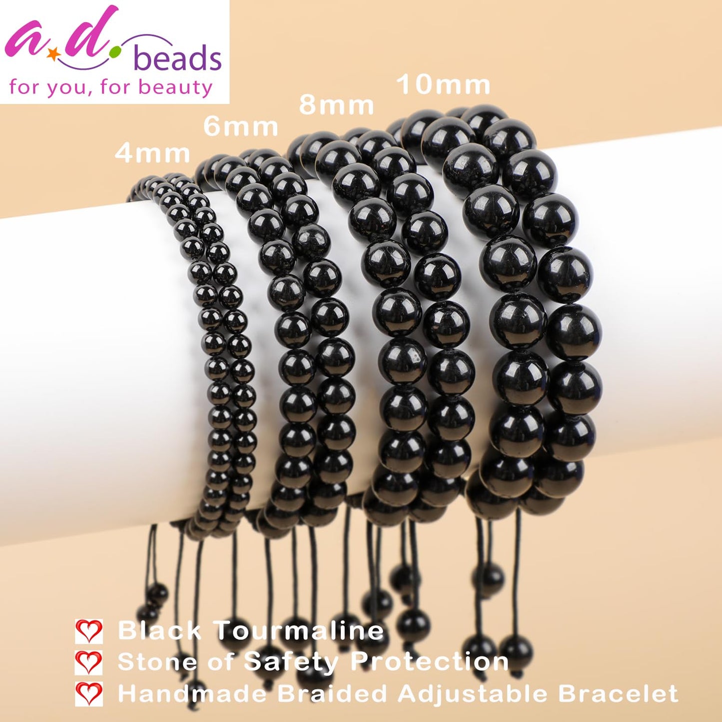 AD Beads 4mm Black Onyx Bracelet - Stone of Safety Protection - Handmade Natural Stone Crystal Bracelet with Adjustable Macrame String - Yoga Healing Power Energy Gifts for Men and Women