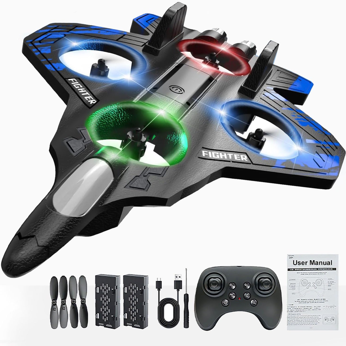 RGIMF Foam Remote Control Airplanes, RC Plane with Light, RC Airplane Fighter Jet, 360° Flip, Stunt Roll, Airplane Drone for Men, RC Airplane (Blue)